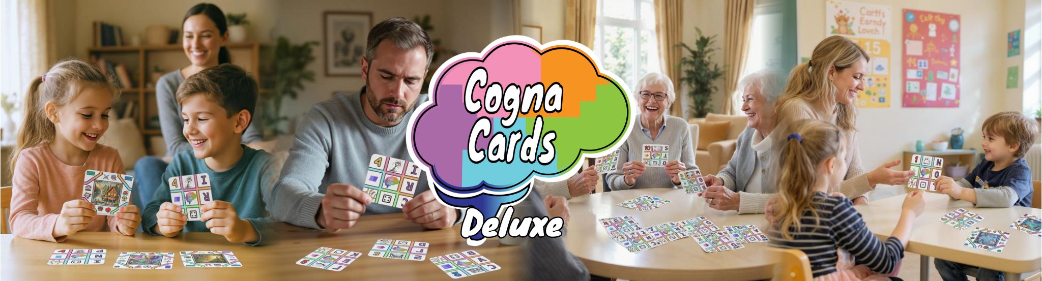 Collage of a children, adult, teach with children, and group of seniors all playing Cognacards Deluxe Set activities. All smiling, engaged, and playing. Collage of a children, adult, teach with children, and group of seniors all playing Cognacards Deluxe Set activities. All smiling, engaged, and playing puzzle games