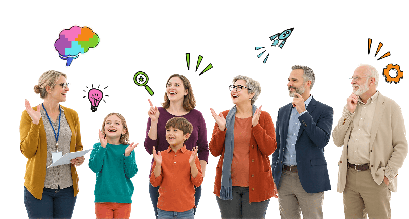 a teacher, children, mom, grandmother, dad and gradfather looking at the cognabilities logo