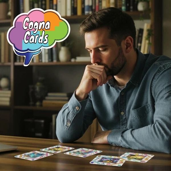 Adult man concentrating on a CognaCards brain training activity, observing a layout of CognaCard cards on a desk in a home office setting
