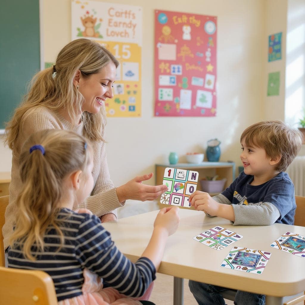 A smiling child therapist guiding two young children in a classroom using CognaCards, holding a square playing card with letters, numbers, and symbols during a brain-boosting activity.