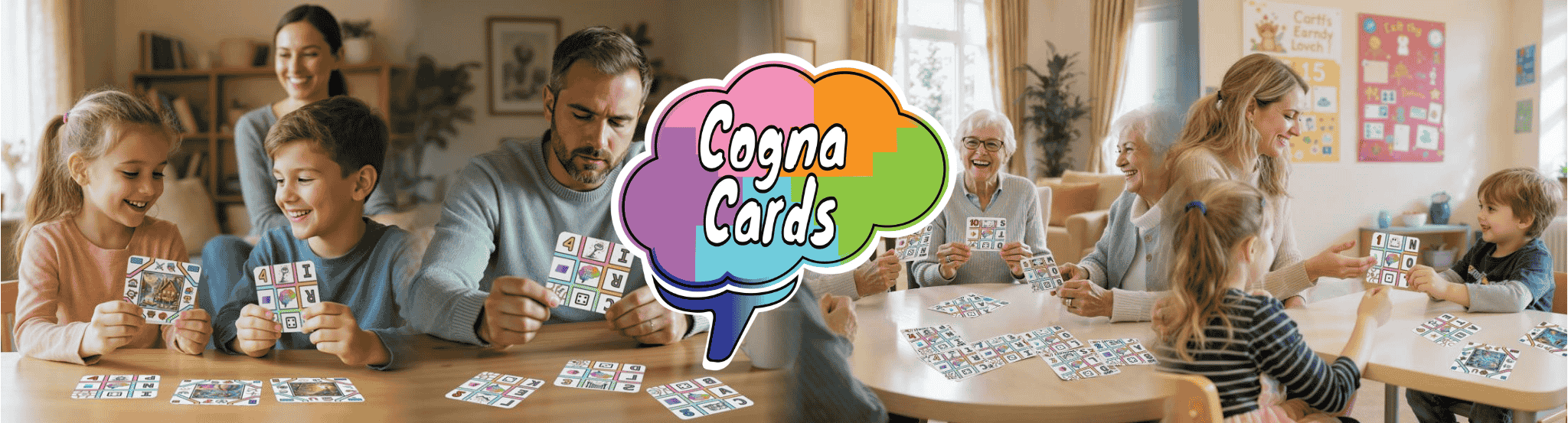 Collage of a children, adult, teach with children, and group of seniors all playing Cognacards activities. All smiling, engaged, and playing. Collage of a children, adult, teach with children, and group of seniors all playing Cognacards activities. All smiling, engaged, and playing.