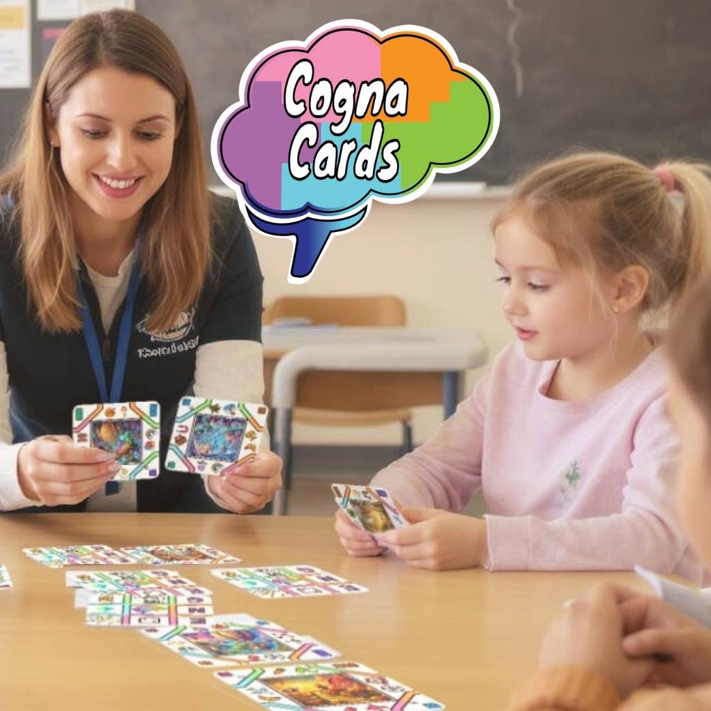 A female educator using CognaCards with young children in a classroom, guiding them through a brain-training activity around a table with square playing cards.

