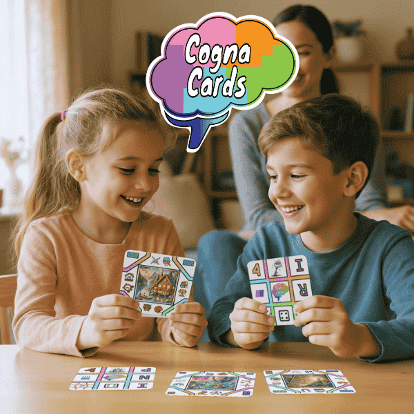 Two smiling children playing with CognaCards at a table in a cozy living room while their mother watches in the background — building focus, memory, and creativity through screen-free card games. Cognacards logo visible