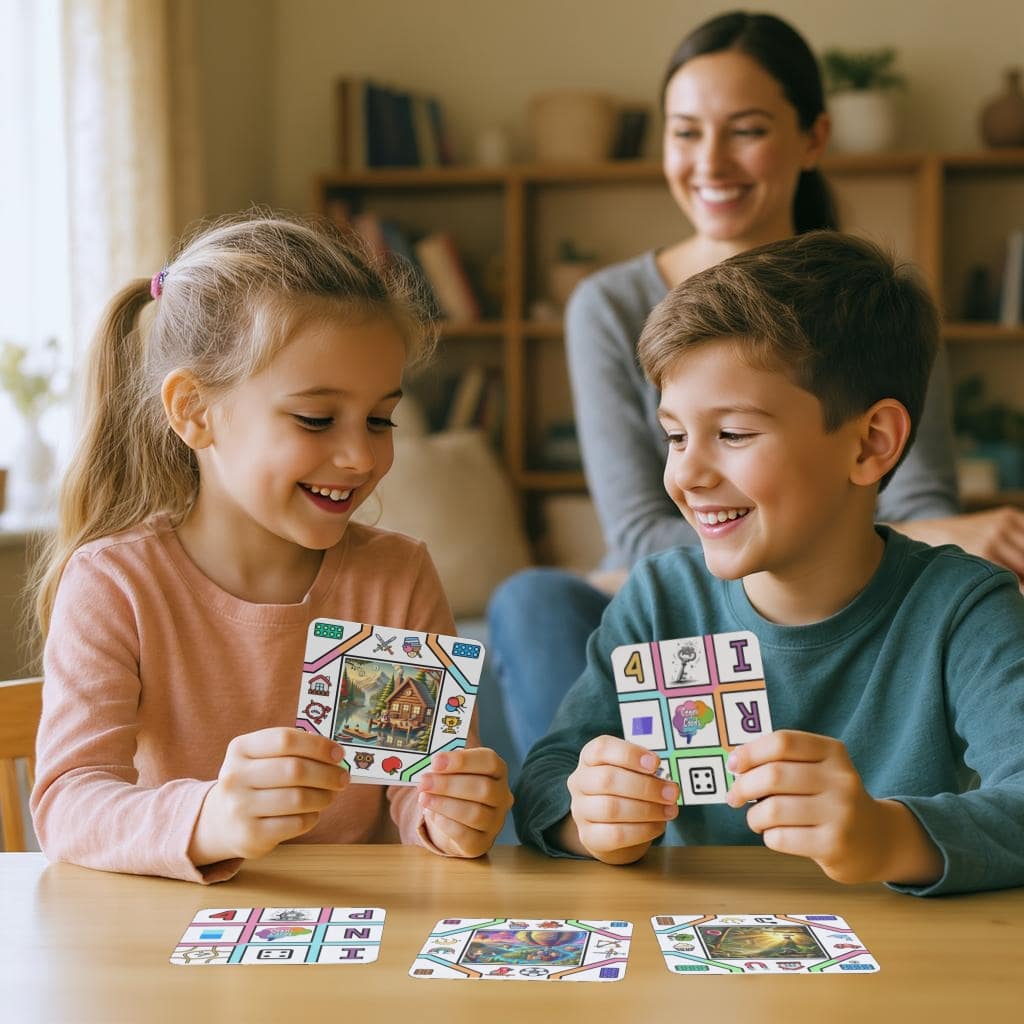 Two smiling children playing with CognaCards at a table in a cozy living room while their mother watches in the background — building focus, memory, and creativity through screen-free card games.