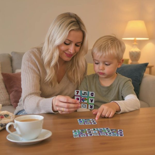A mother and young child sitting at a wooden table playing with CognaCards in a cozy living room — bonding through screen-free brain games that build focus, memory, and early logic skills.