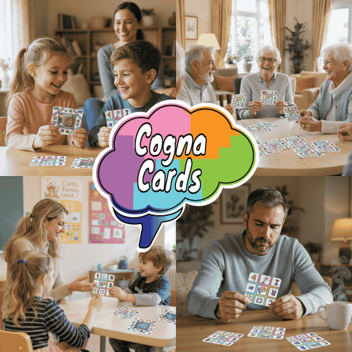 Collage of a children, adult, teach with children, and group of seniors all playing Cognacards activities. All smiling, engaged, and playing. Collage of a children, adult, teach with children, and group of seniors all playing Cognacards activities. All smiling, engaged, and playing.