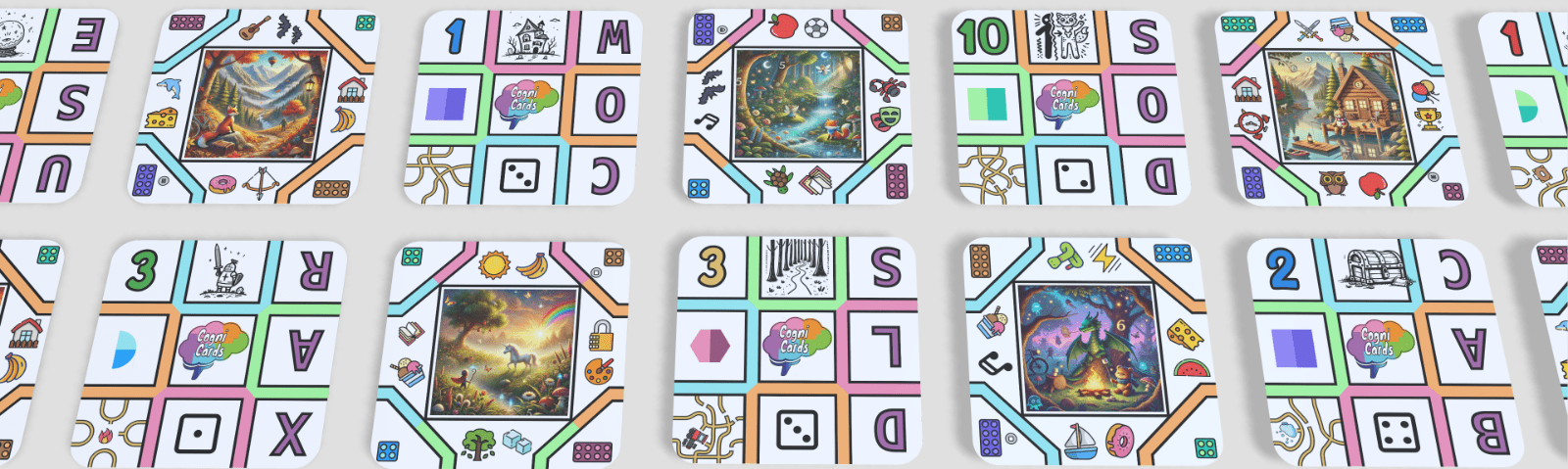 upclose details of various cognacards showing illustrations, symbols, letters supporting brain training skills upclose details of various cognacards showing illustrations, symbols, letters supporting brain training skills