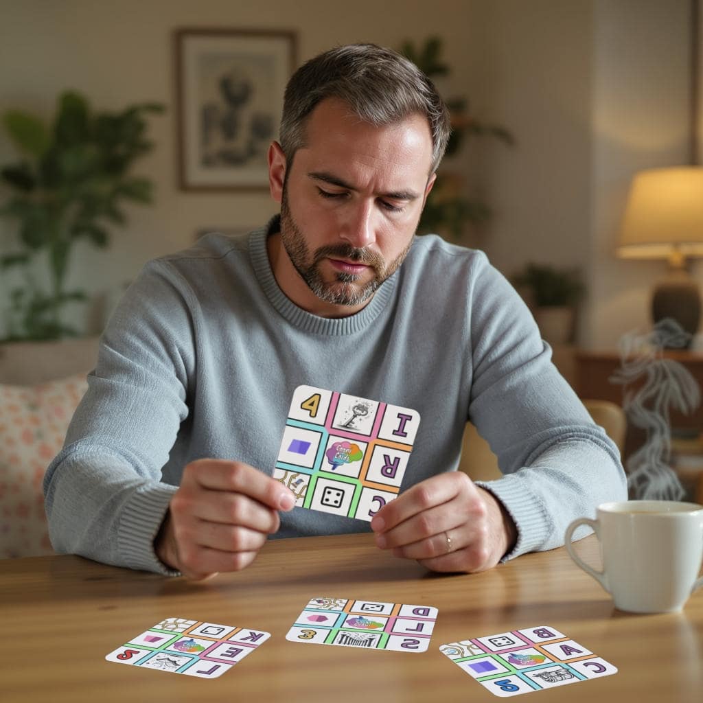 A focused male adult solving a brain challenge with cognacards