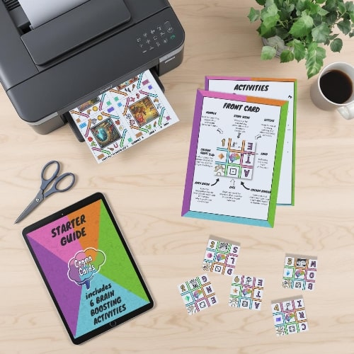 Download, Print, and Play the CognaCards Starter Set with Included Activity Manual Printer setup showing CognaCards Starter Set being printed, cut, and prepared with the included activity manual — demonstrating the full download, print, and play process