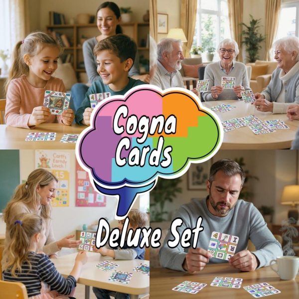 Collage of a children, adult, teach with children, and group of seniors all playing Cognacards Deluxe Set activities. All smiling, engaged, and playing puzzle games